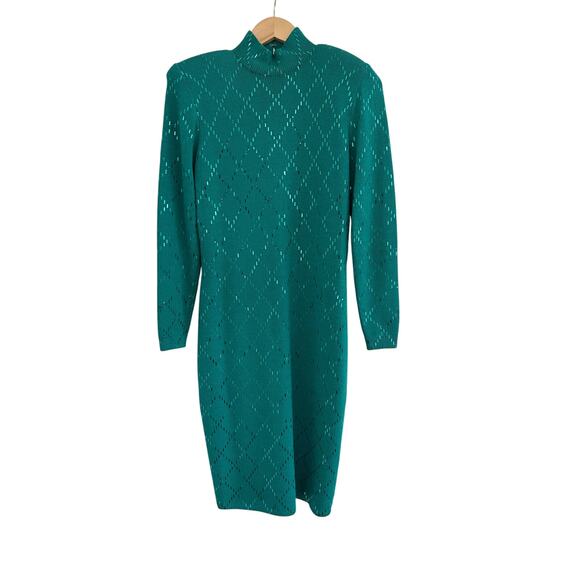 READ St John Evening Mock Neck Knit Midi Dress Women Size 6 Teal Y2K Glam Event - Picture 1 of 16